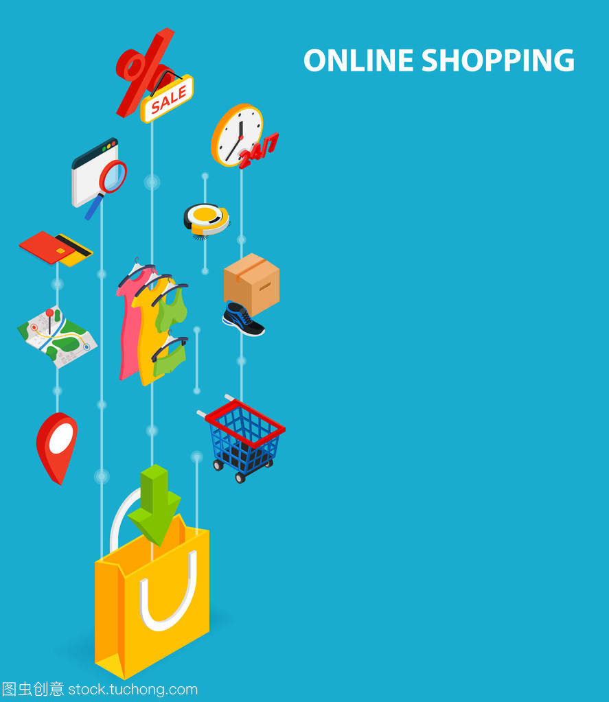 购物集成的3d 网页图标。数字网络等距交互概念。连接的图形设计点和线系统。电子商务、市场和在线销售的抽象背景